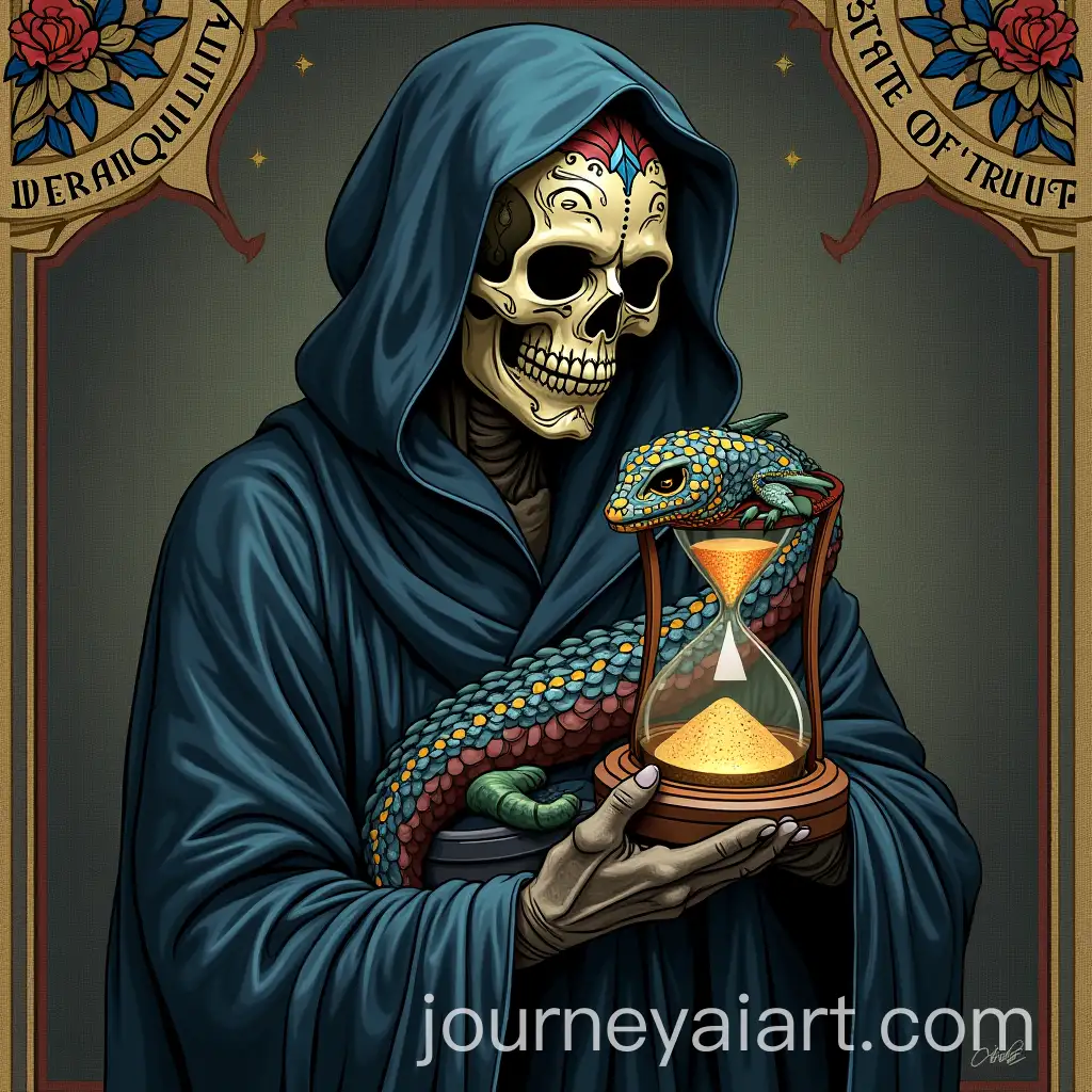Medieval-Manuscript-Inspired-Illustration-with-Skull-Reptilian-Creature-and-Hourglass