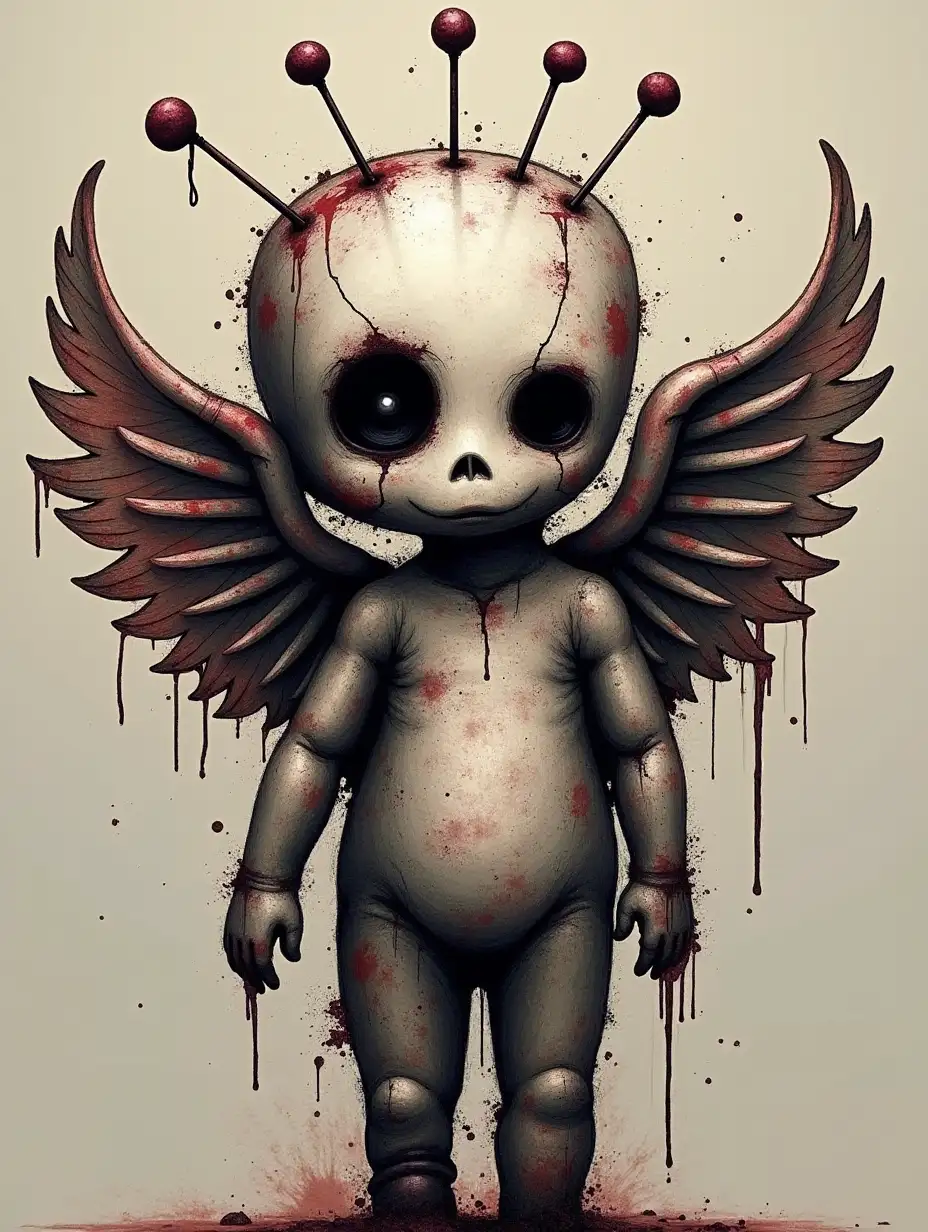 graffiti style voodoo doll with angel wings 3 pins sticking out of the top of the head