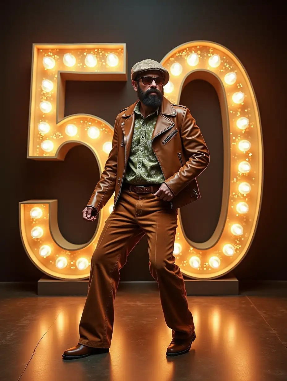 big disco ball , one dancing man in front, clothes retro vintage style 1970, brown leather jacket, corduroy pants, green white flower shirt, tweed cap, brown leather shoes, sun glasses, brown belt, black beard, 1970 disco era, lightning text '50', light shiny background and glitter, text-banner 'Celebrate Good Times'