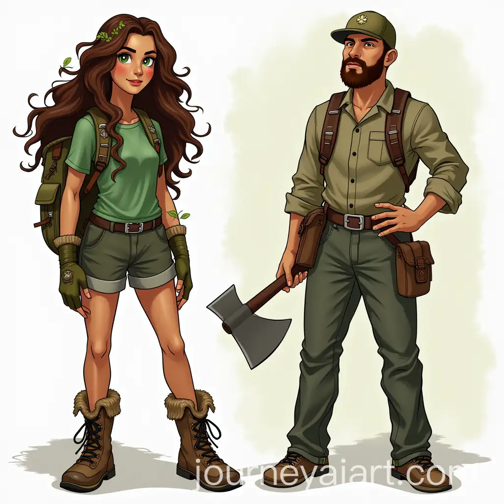 Adventurous-Young-Woman-Exploring-the-Forest-with-a-Forest-Spirit-and-Animal-Companion