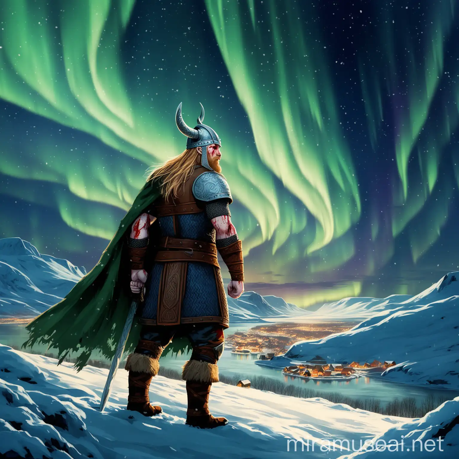 Victorious Viking Warrior in Norse Armor under Northern Lights