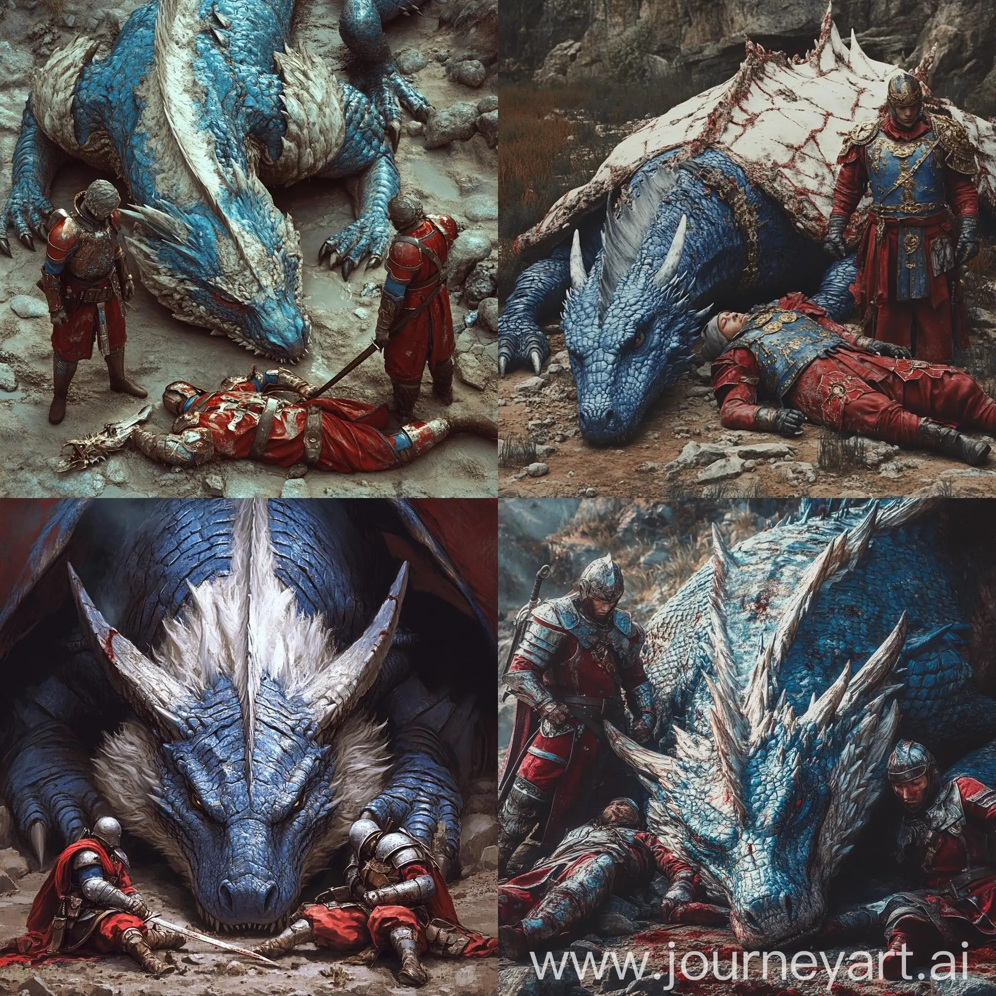 Exhausted-Blue-Dragon-Ambushed-by-Two-Warriors-in-Cinematic-Style