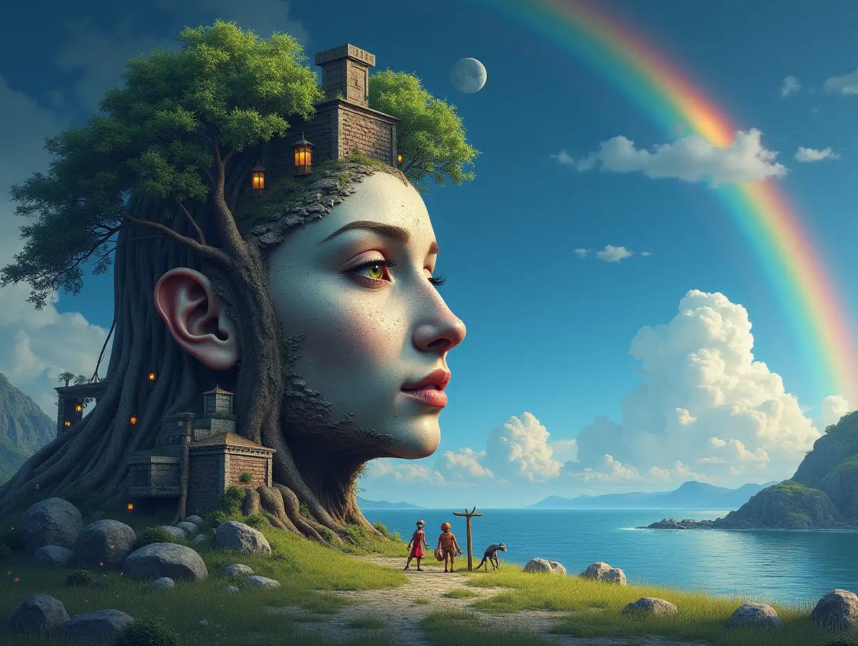 Creating a digital painting transforms a face with moon hair into a building with stones and trees with roots and rocks and lanterns by the sea, foreign creatures – aliens on a meadow with rainbow blue sky