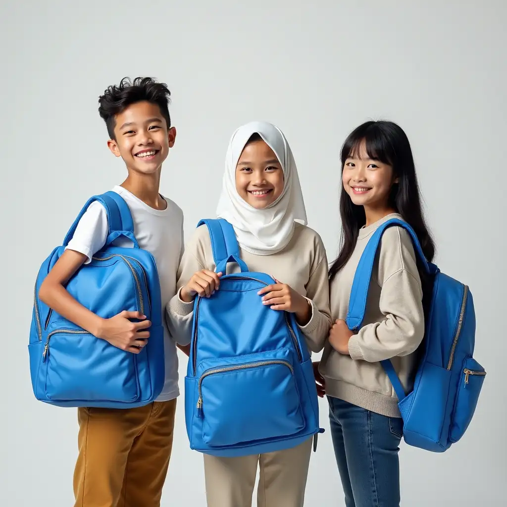 A vibrant studio photo featuring three cheerful high school students standing with some space between them, creating a balanced and open composition. Each student carries a matching blue backpack, symbolizing unity and school spirit. The group includes a smiling boy in a white t-shirt, a hijabi girl in a white hijab, and a Chinese girl with straight black hair, all exuding confidence and positivity. The solid neutral background, such as white or light gray, ensures versatility for promotional use, while bright and balanced lighting highlights their happy expressions and diverse features. The slightly spaced arrangement conveys individuality while maintaining a sense of connection, making it perfect for promoting an inclusive and vibrant school environment