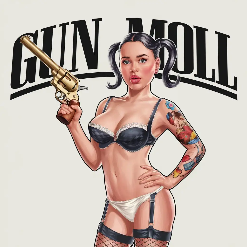 a vector logo design,with the text "Gun moll", main symbol:young very beautiful tattoed realistic girl, cute beautiful face, plump lips, mexican girl beautiful babe face two pigtails, with very big large bra, huge bust, nice plump butt, pantyhose in white bikini with big classic gold peacemaker revolver in her hand,Moderate,clear background