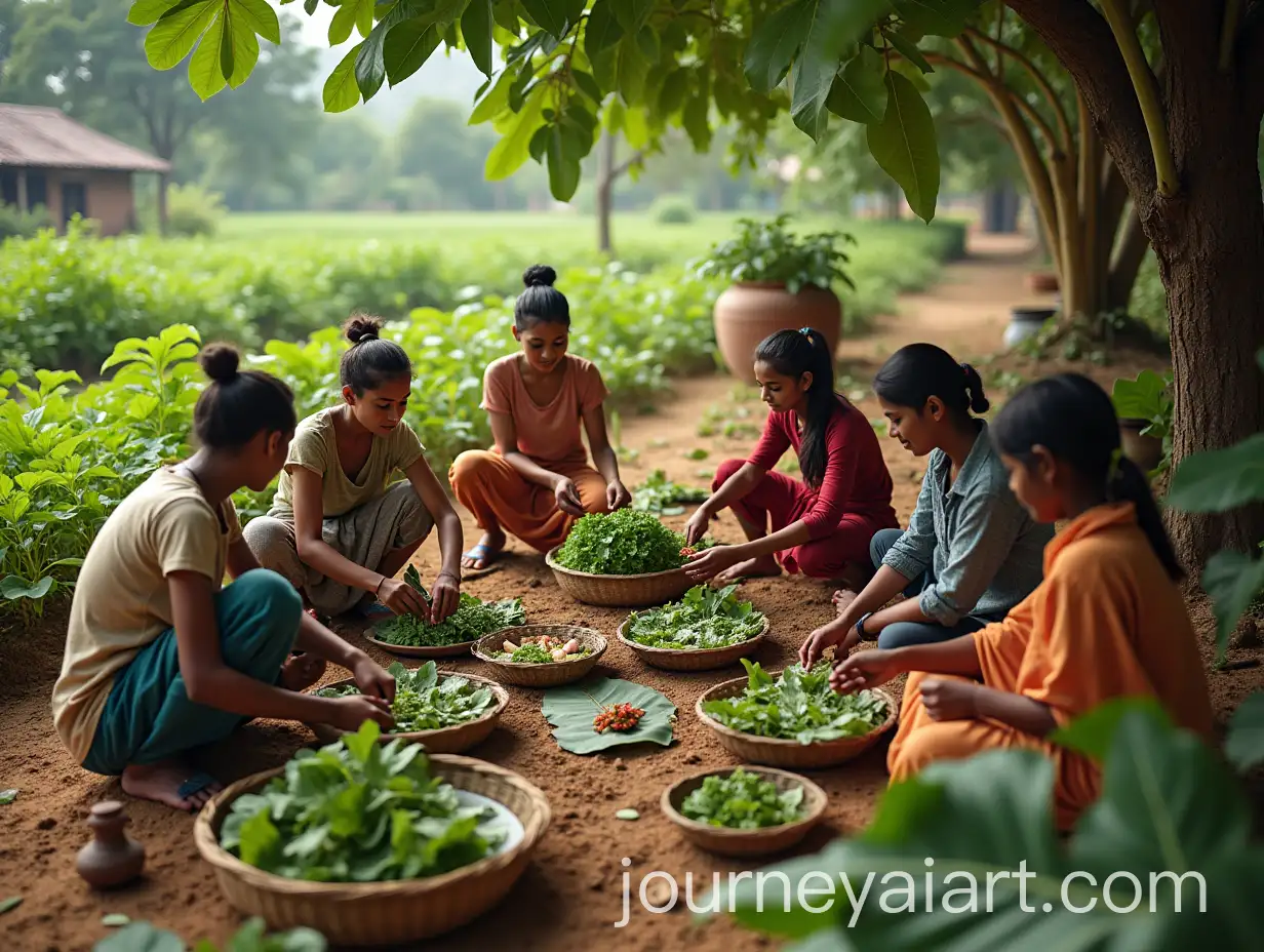 Vibrant-Indian-Village-Community-Garden-with-People-Planting-Harvesting-and-Sharing-Meals