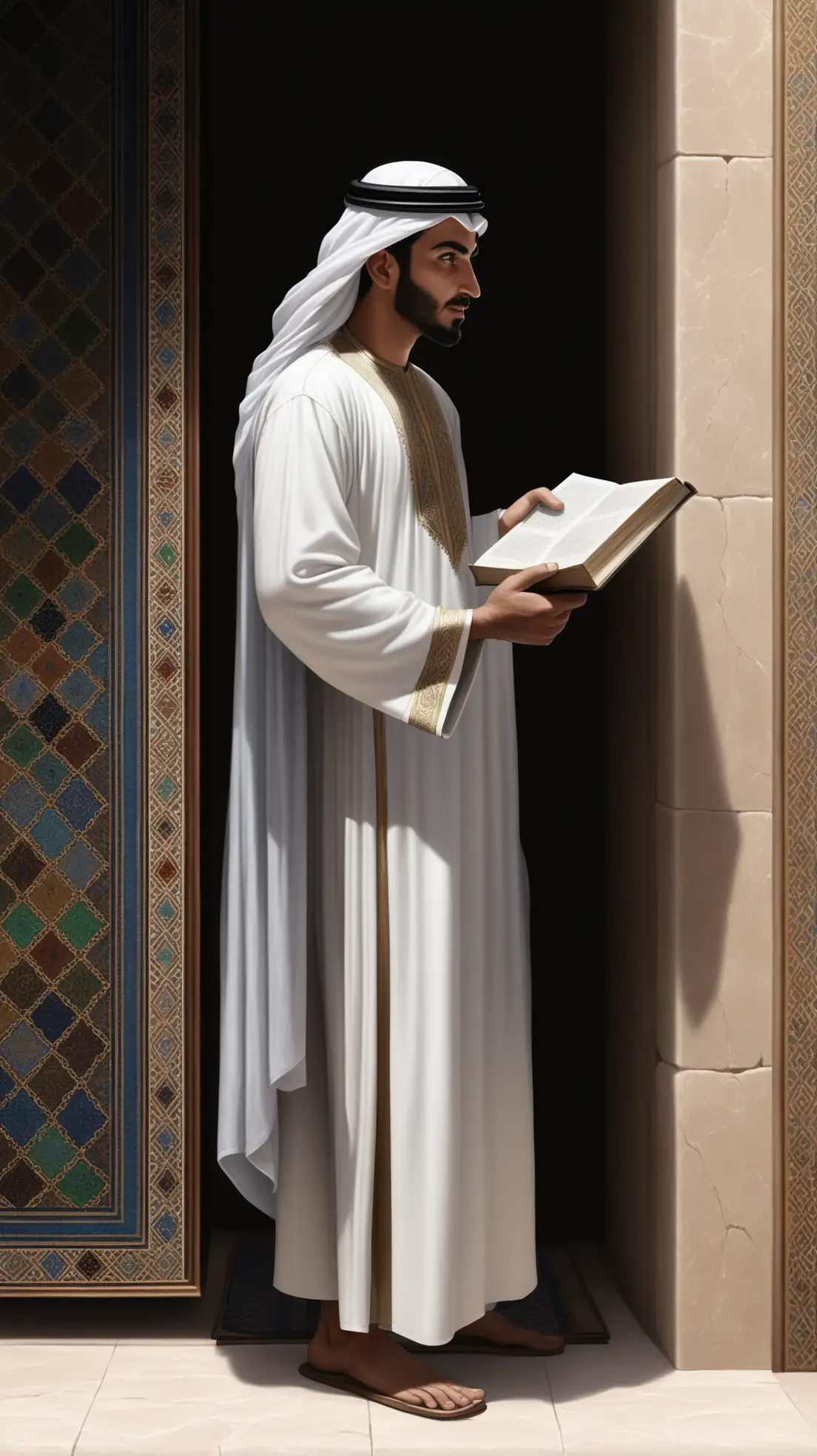 a hyperrealistic picture of a Arab salesmen, wearing traditional Arab clothing, side view, holding and watching a book, hyperrealistic(full body)