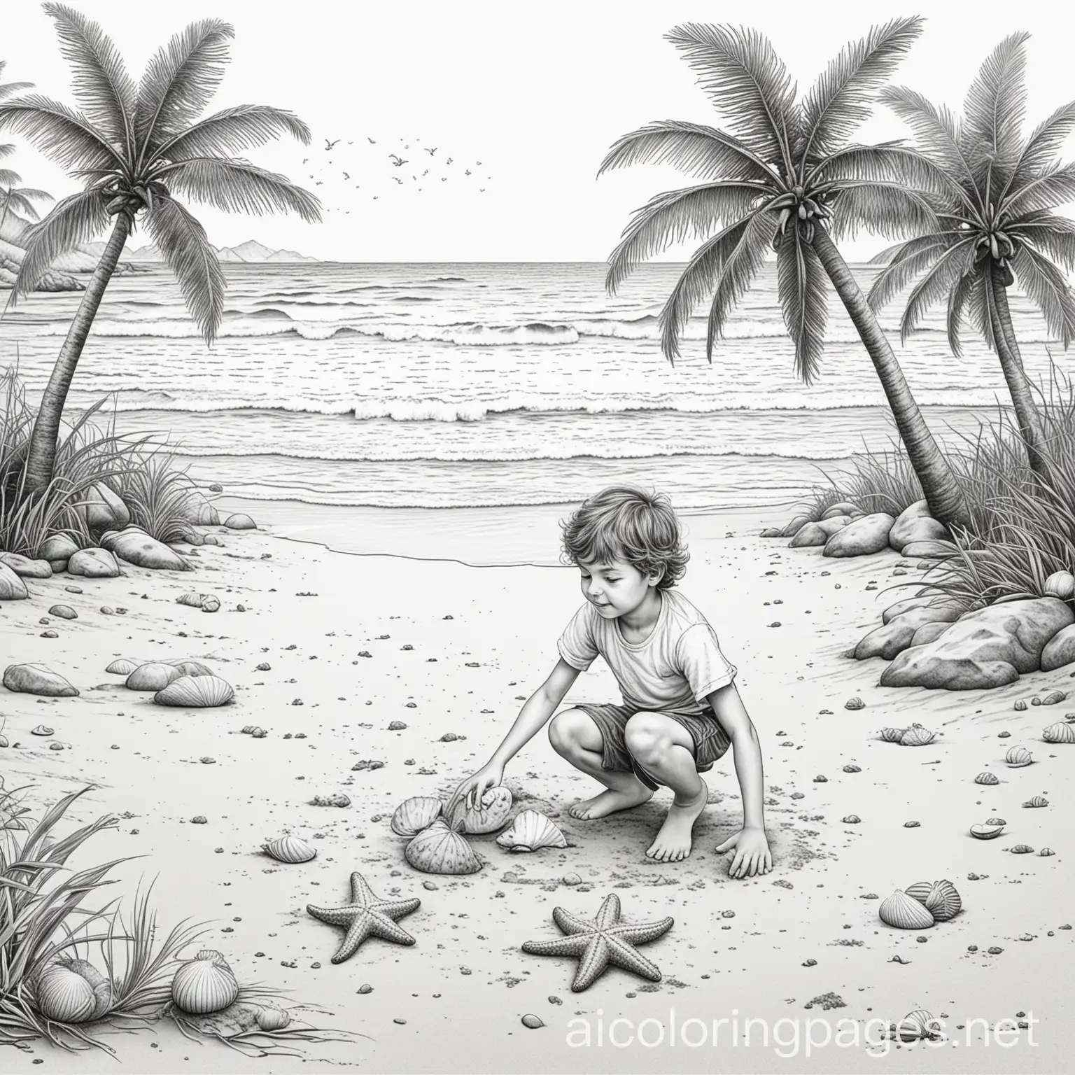 Child-Playing-on-Beach-with-Coconut-Trees-and-Sea-Life-Coloring-Page