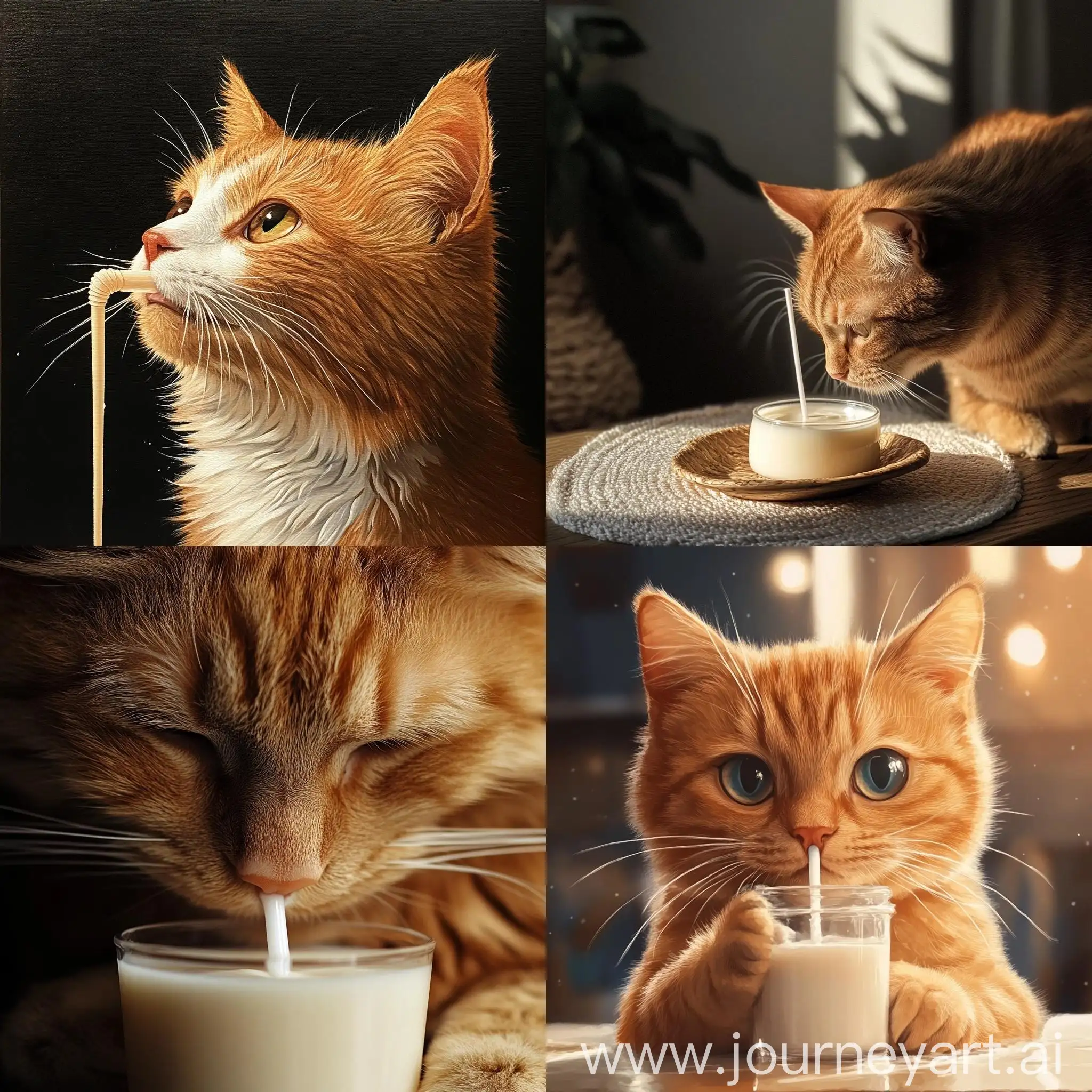 Playful-Ginger-Cat-Drinking-Milk-from-a-Sipper-Straw