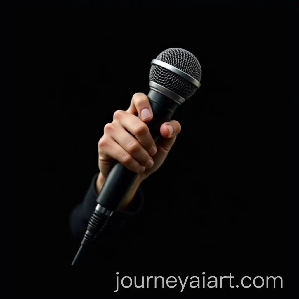 Photo-Realism-Hand-Holding-Microphone-Against-Black-Background