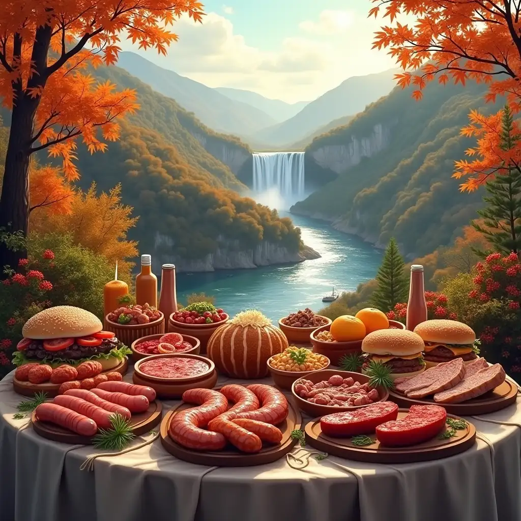 Beautiful autumn in the Carpathians. Panorama. Below waterfall. Vector illustration. Like a beautiful postcard. Table stands. On it there are many beautiful sausages and meat . Smoked meat, roasted pork barrel, fermented sausage. Sausages, hamburgers. Salad, fried meat. The table is laid with a tablecloth. Everything looks beautiful and aesthetic.