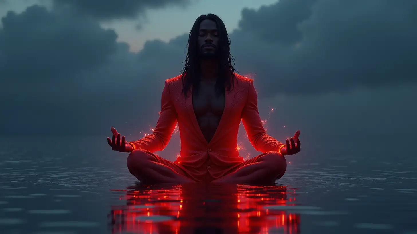 Meditating Athletic Male Merman in Midnight Ocean Reflection