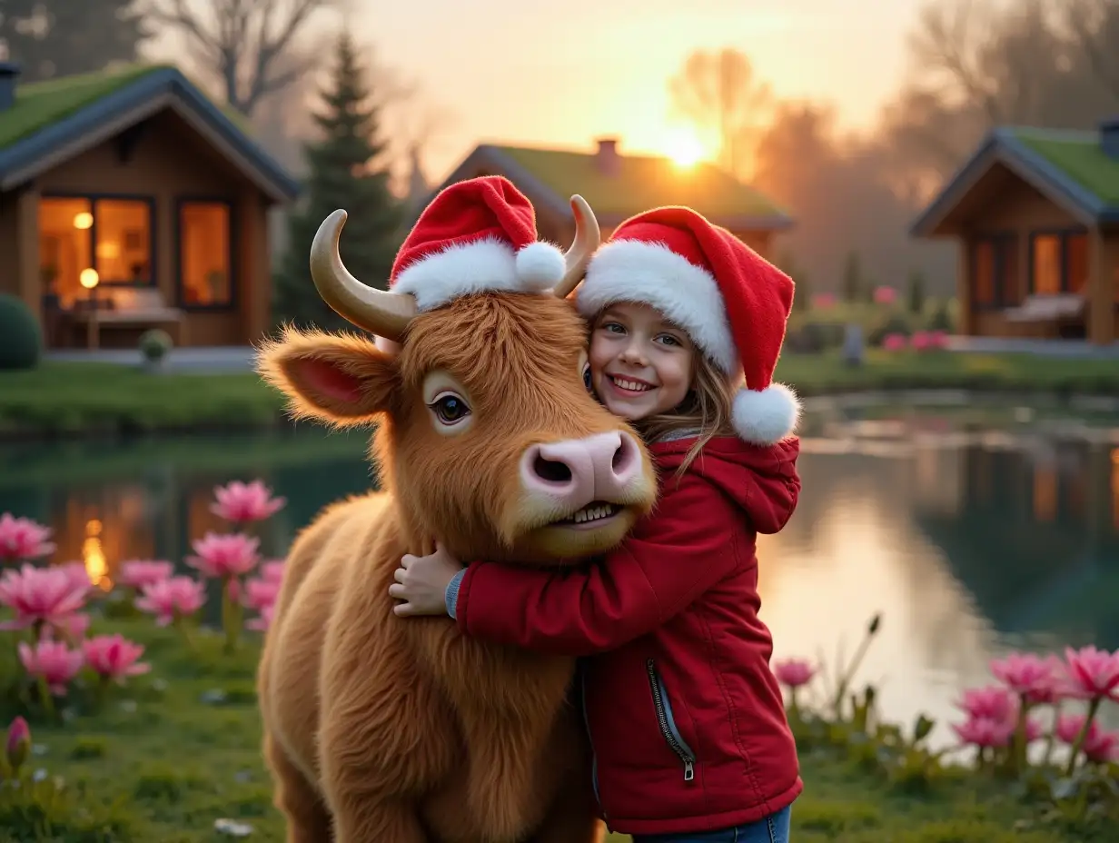 A cheerful girl hugs 1 mini Highland decorative cow, very cute and very fluffy and plump, so that the fur sticks out in all directions and even falls over her brown eyes and nose with very small horns, and this cow and the girl have Santa Claus hats on their heads, all this is happening on a grassy lawn nearby with a Christmas tree, and the lawn is located on the shore of a huge eco-pond with crystal clear water and lots of pink water lilies, and the pond itself has natural gently sloping grassy banks, similar to wild ponds, on the other side there are only 3 small one-story houses located at some distance from each other and away from the shore from the pond, these houses have the appearance of one-story chalets with a gable roof, each roof slope is smooth, without bends, each chalet is built from a system of wooden beams consisting only of vertical wooden beams, and only in the half-timbered style, and between the glass beams in the glass walls there are panoramic windows in all walls from the floor to the roof, that is, each wall is a panoramic window., at sunset and in the reflections of sunset light and in the sky there are 3 flashes of fireworks, the foreground is in focus, and the background is blurred and realistic.