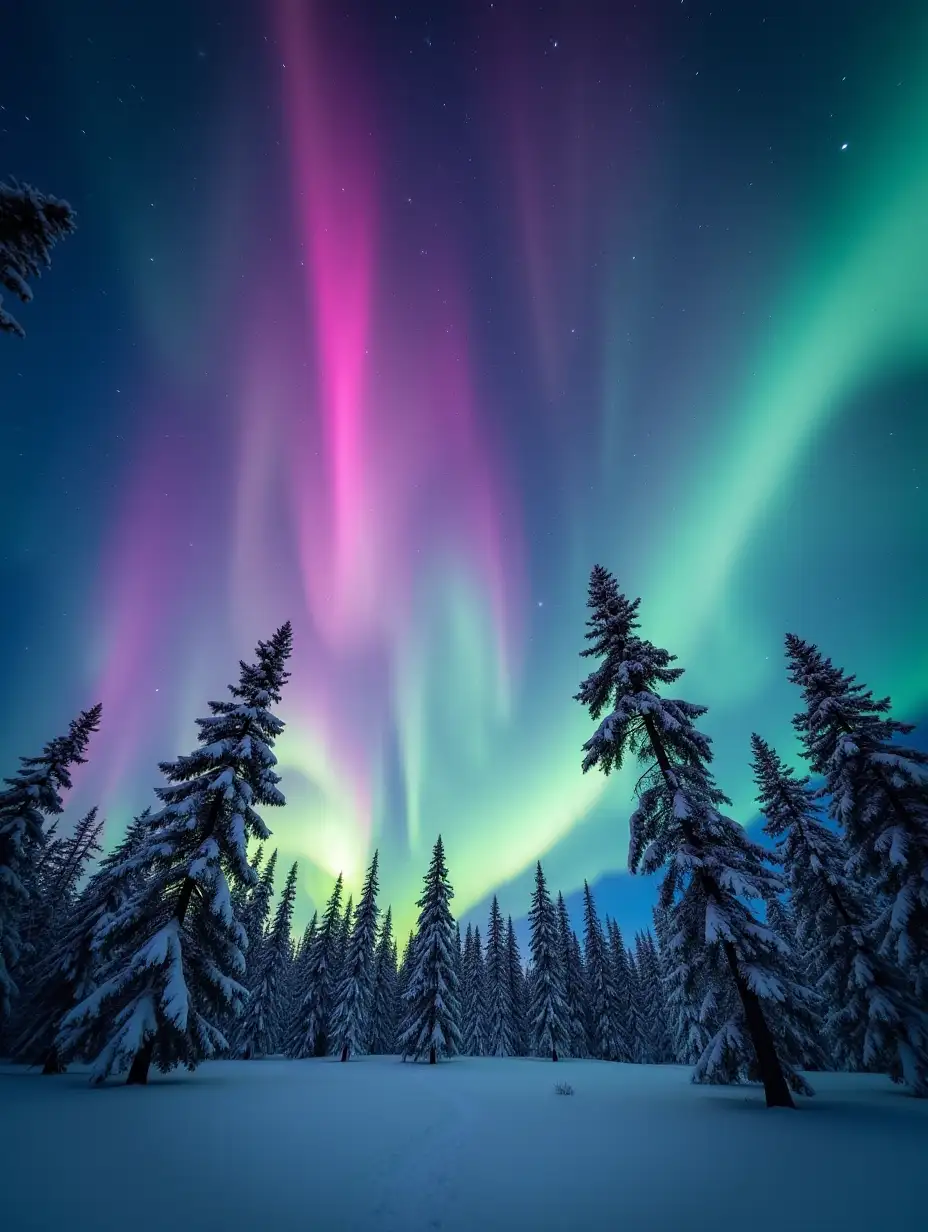 A breathtaking winter night scene in Lapland with vivid aurora borealis stretching across a starry sky. Ethereal streaks of pink, green, and yellow lights flow and swirl above a snowy forest, creating a surreal atmosphere. Tall pine trees stand silhouetted against the glowing sky. Captured in long exposure, the northern lights appear dynamic and magical, illuminating the cold, serene landscape with vibrant colors.