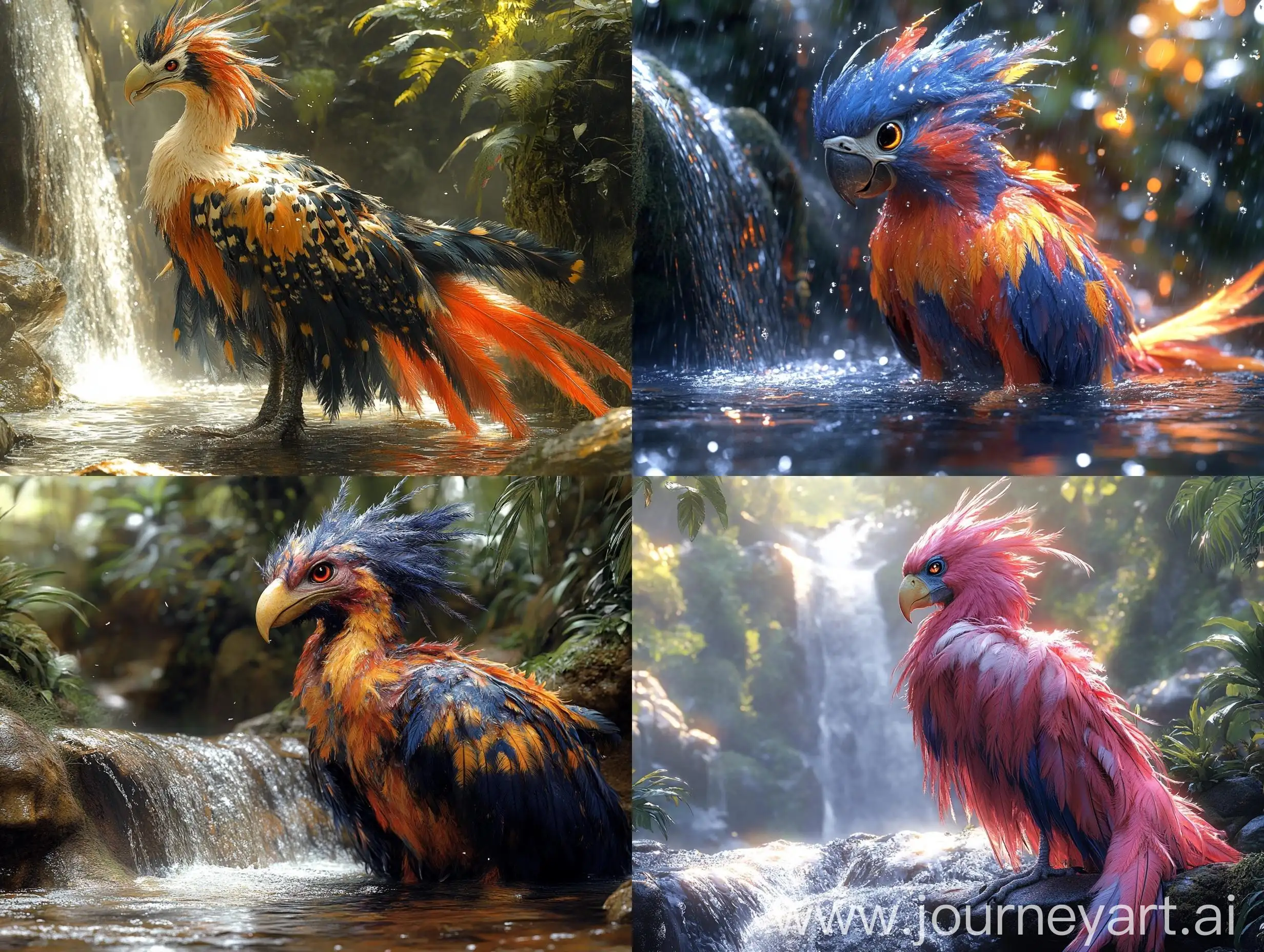 Colorful-Creature-Playing-in-Magical-Jungle-Waterfall