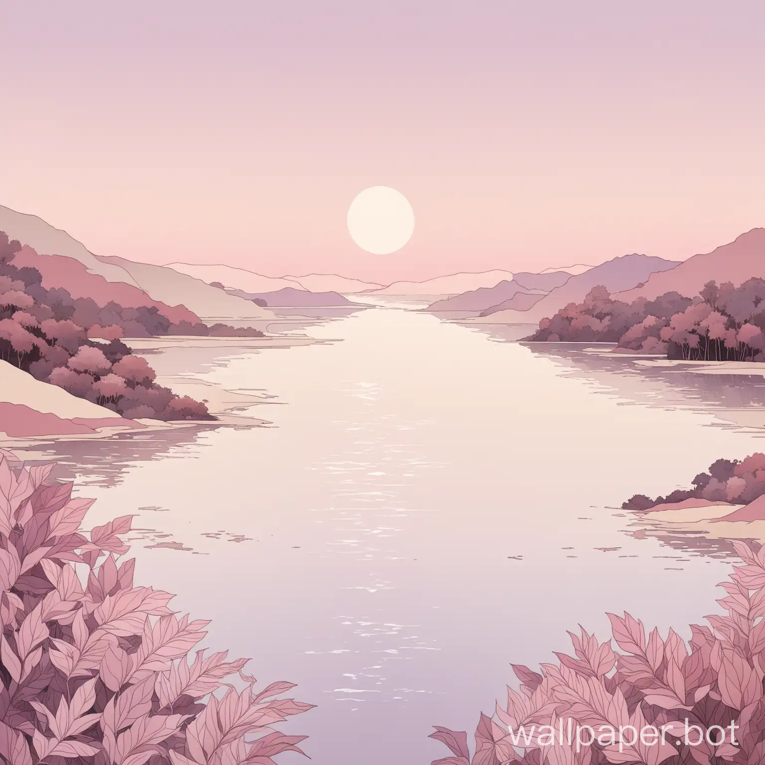 Serene-Landscape-in-Light-Purple-and-Beige-Pink-with-Leaves-and-Water-Illustration