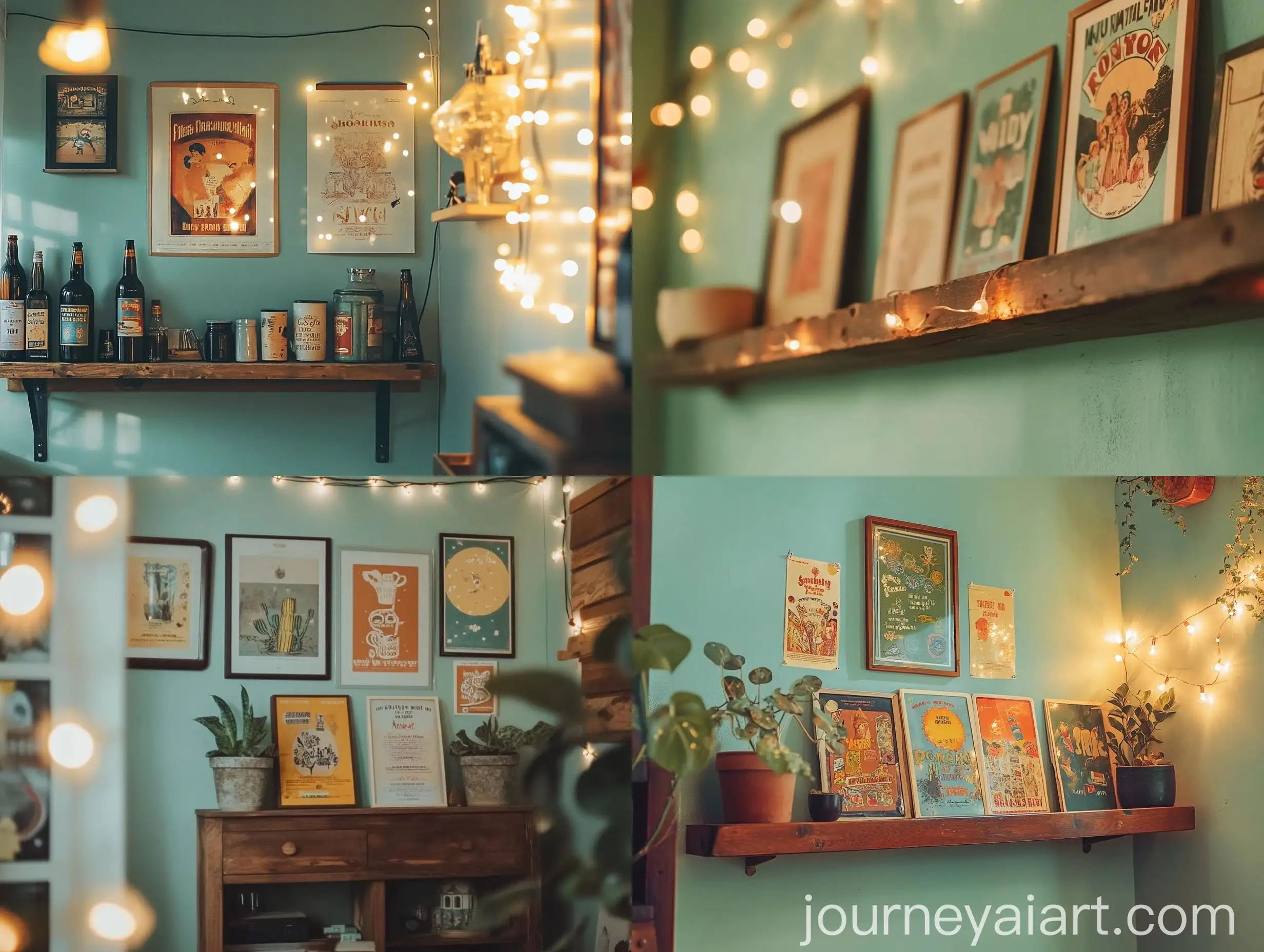 Vintage-Wooden-Wall-Shelf-with-Twinkling-String-Lights-and-Retro-Posters
