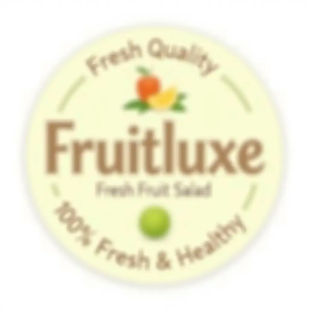 A premium, modern, and minimalistic sticker design for the brand 'Fruitluxe.' The sticker should have an elegant and clean look, suitable for transparent fruit salad packaging. The background should be soft, pastel, or white to maintain a fresh and organic feel. 'Fruitluxe' should be written in a bold yet stylish font, reflecting a high-end and trustworthy brand. Below it, 'Fresh Fruit Salad' should be in a clean, easy-to-read font, emphasizing the freshness of the product. A small tagline at the bottom should read '100% Fresh & Healthy' in a subtle yet noticeable manner. The sticker shape should be circular or square with rounded edges, ensuring it complements the packaging design. Use a color palette that includes green, orange, and yellow to represent freshness and fruitiness. If possible, add a small fruit icon or leaf element to enhance the natural and healthy appeal. The design should be clear, attractive, and visually premium, suitable for high-quality printed labels.