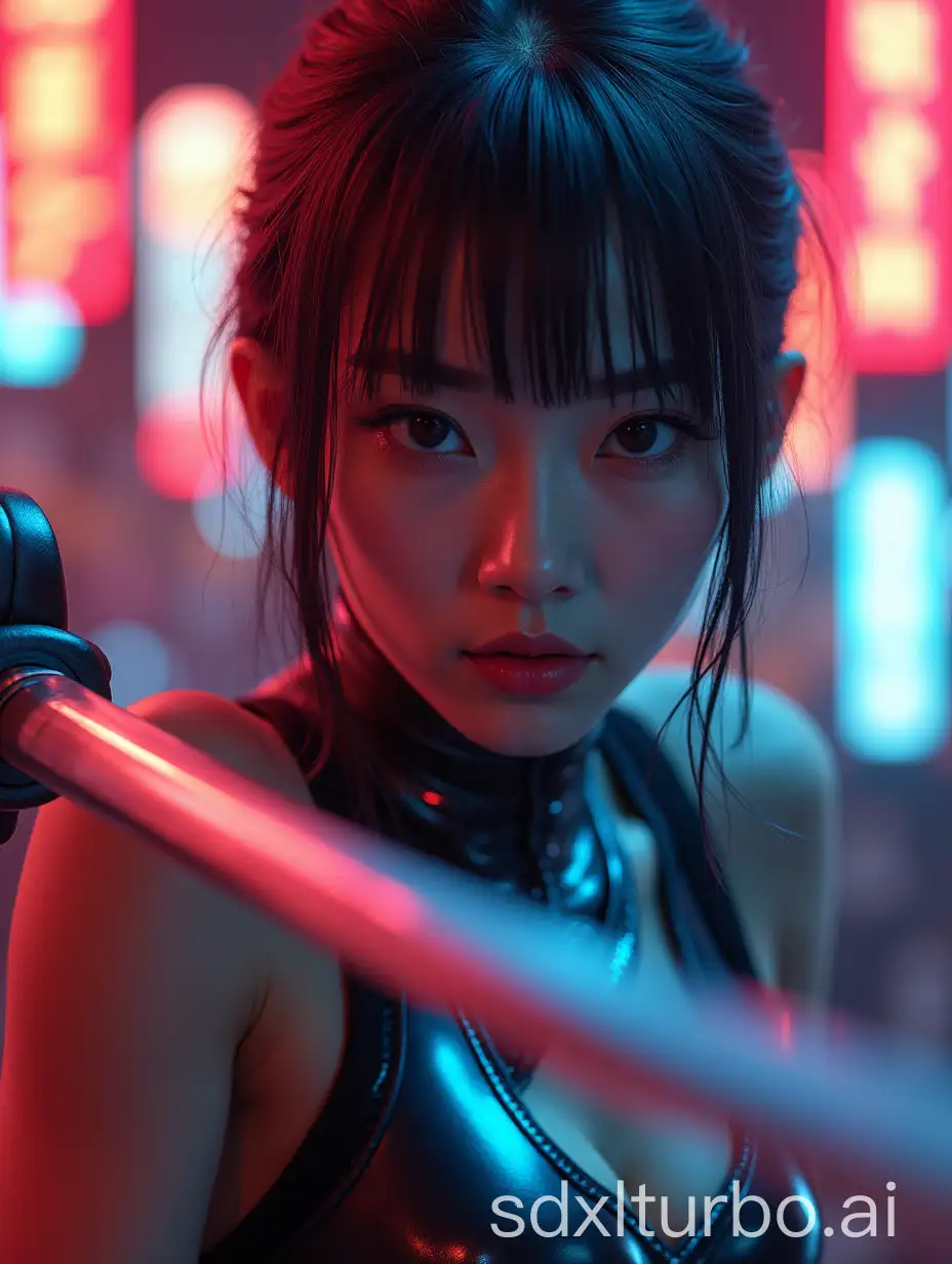 The Chinese android girl, with her sleek metallic frame glinting under the neon lights, wields a sword with precision and grace. Every movement is dynamic, capturing the intensity and fluidity of her combat skills.