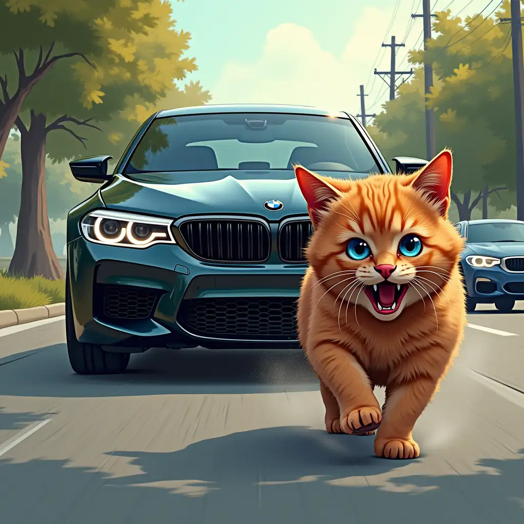 a black BMW M5 with tinted windows chasing a fluffy red cat with blue eyes, who is running away in fear along the road, comic, close-up