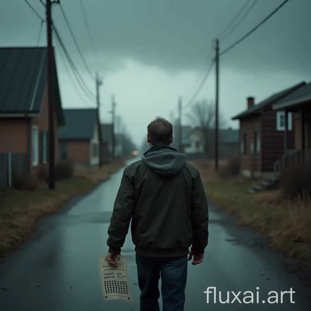 a man, holding a lottery ticket and with his back to the camera, walks down a street in a poor rural town heading into a storm