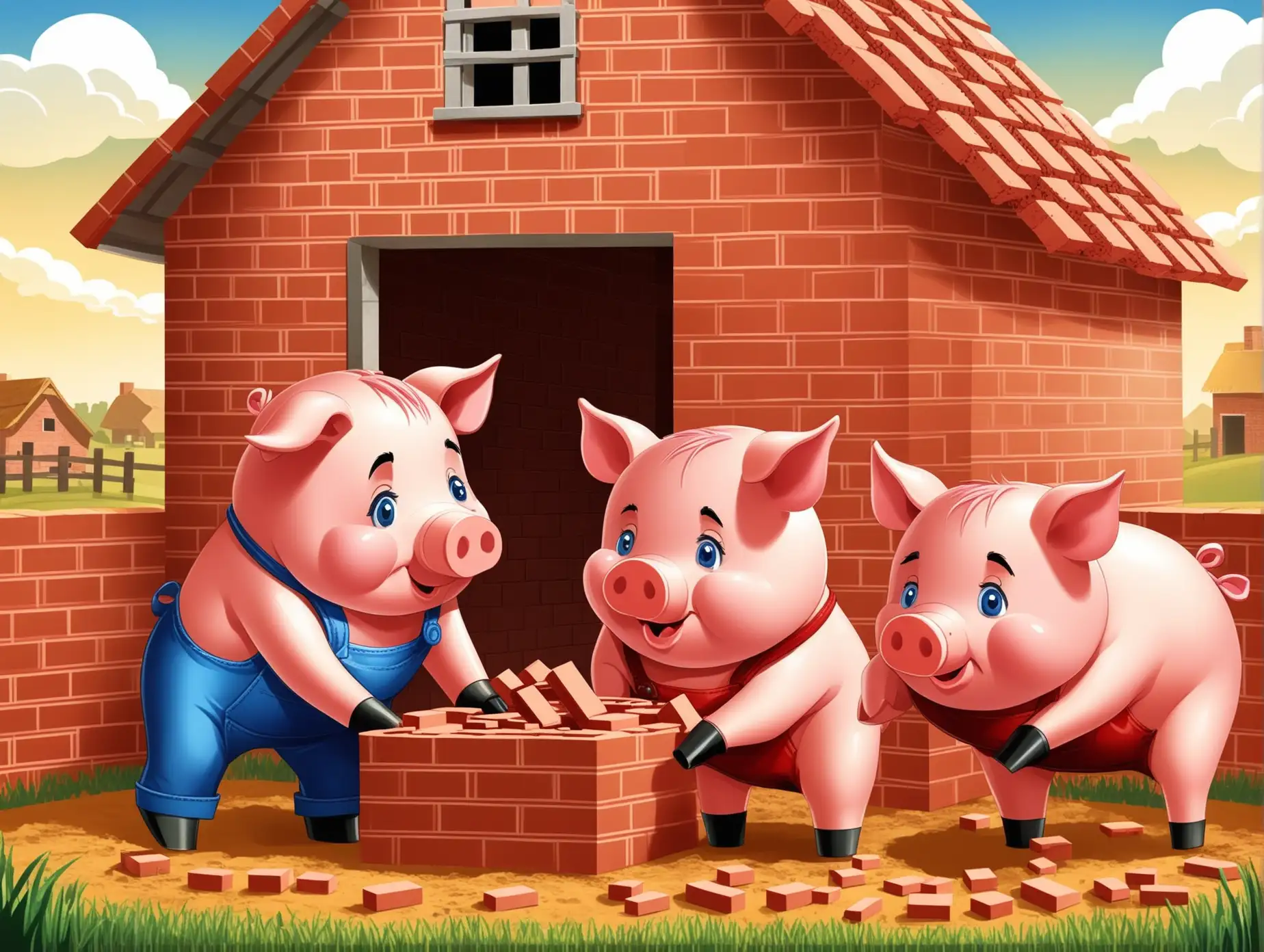 Three Little Pigs Building Brick House on Farm