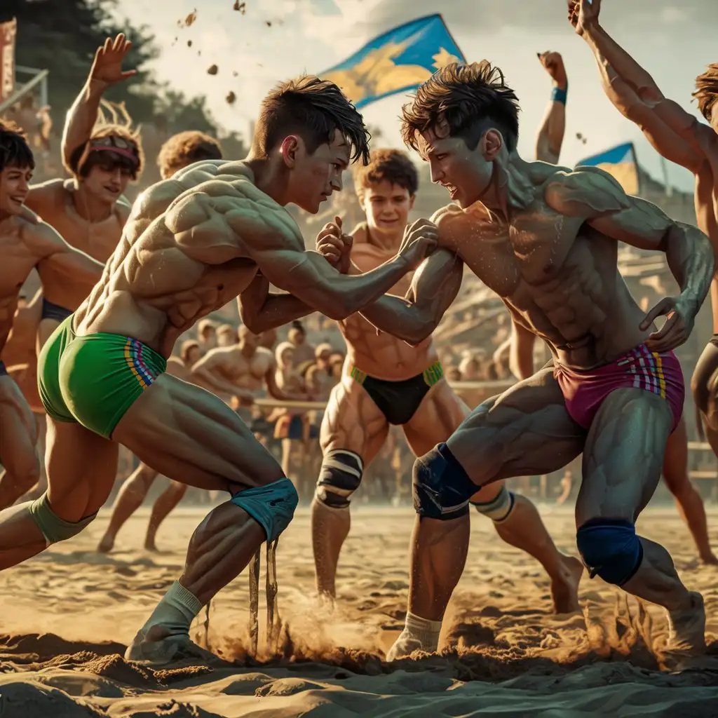 Muscular Teen Boys Beach Wrestling Tournament in Speedos