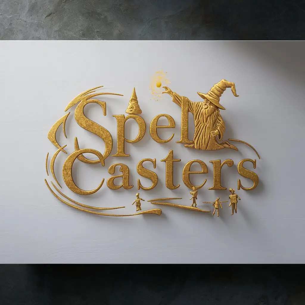 LOGO Design for SPELL CASTERS Golden Yellow Wizard Casting a Spell with Wizard Hat in Title