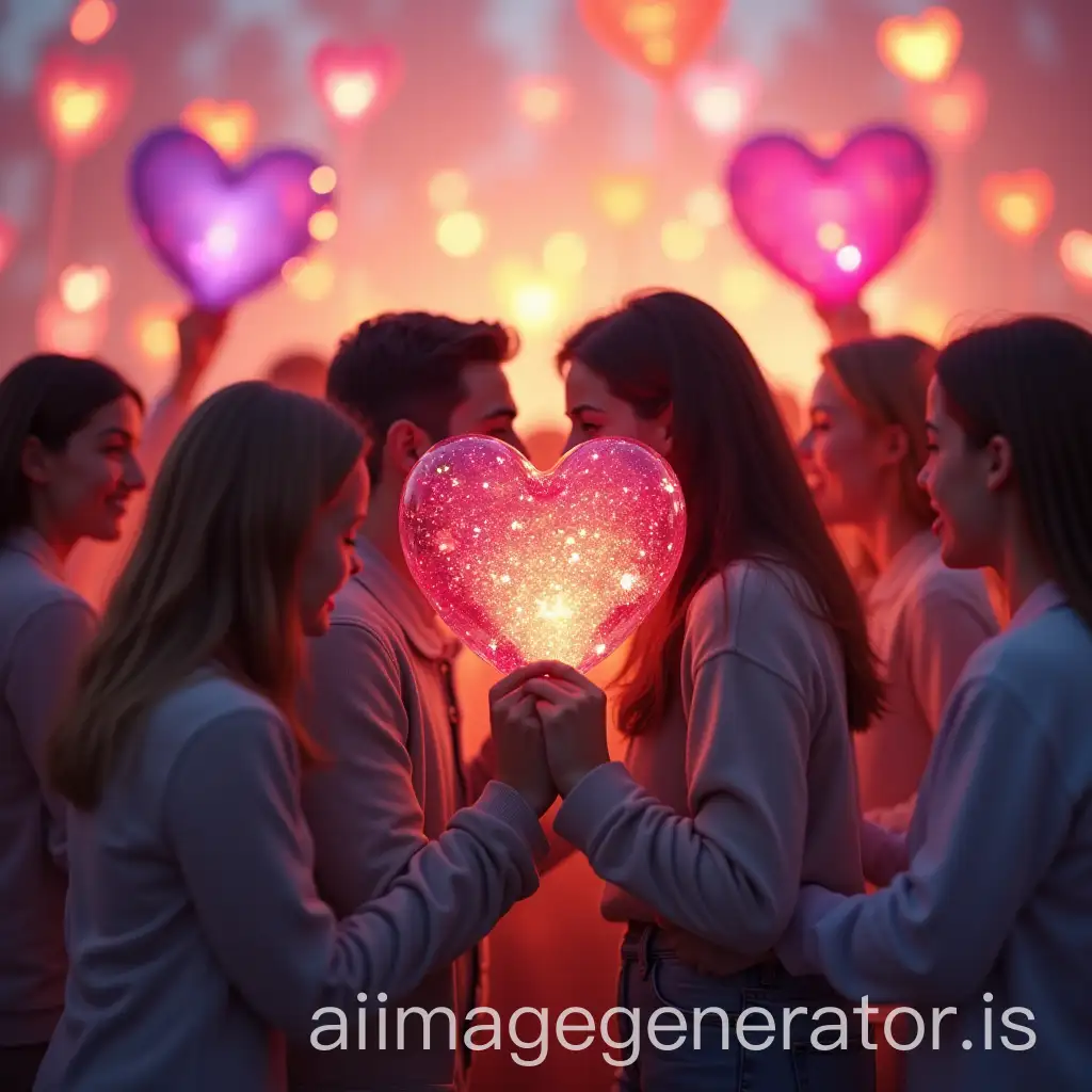 Realistic photo. Many people hugging and kindly greeting each other, around crystal hearts of different colors