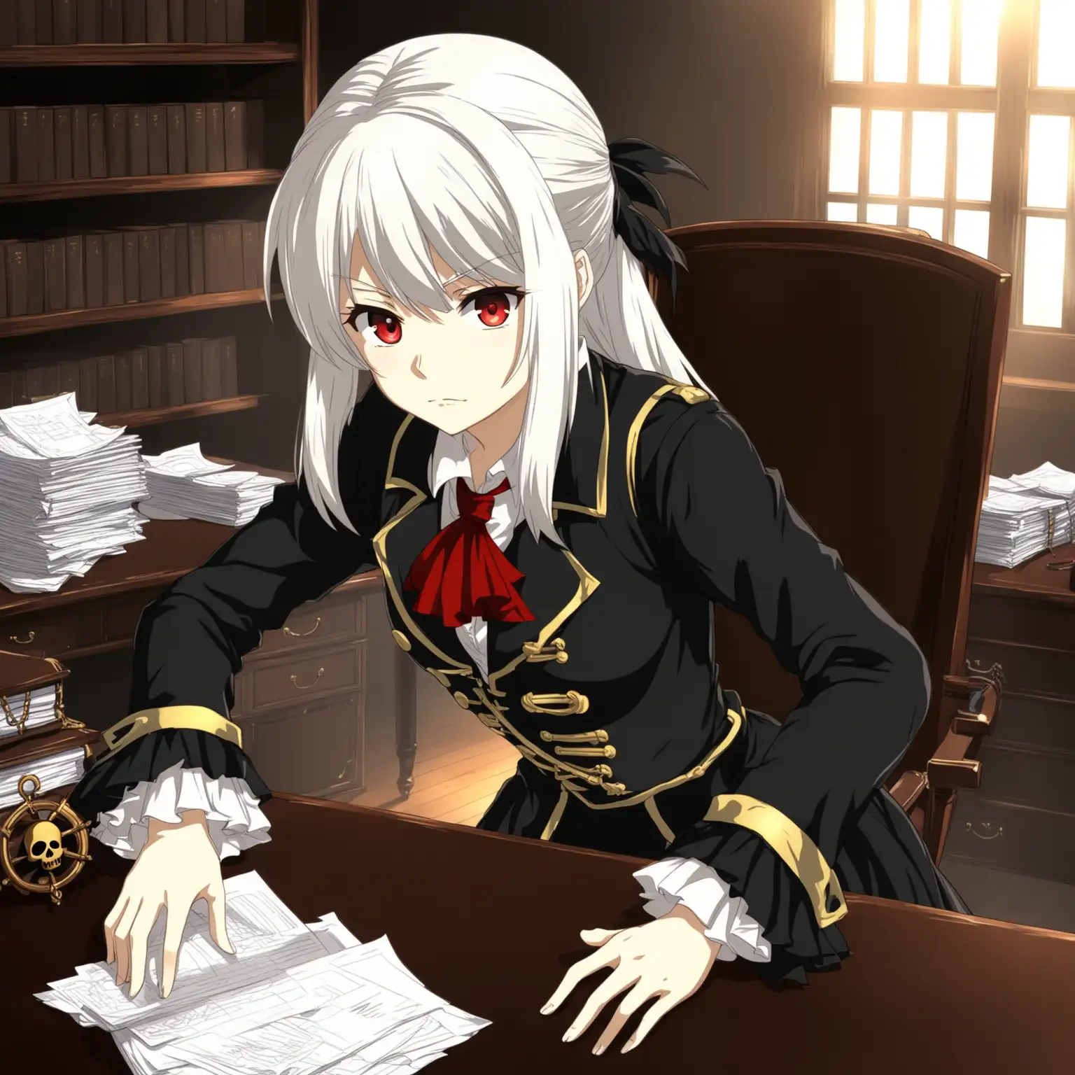 Pirate Treasurer Anime Girl in Black Dress with White Hair and Red Eyes at Desk