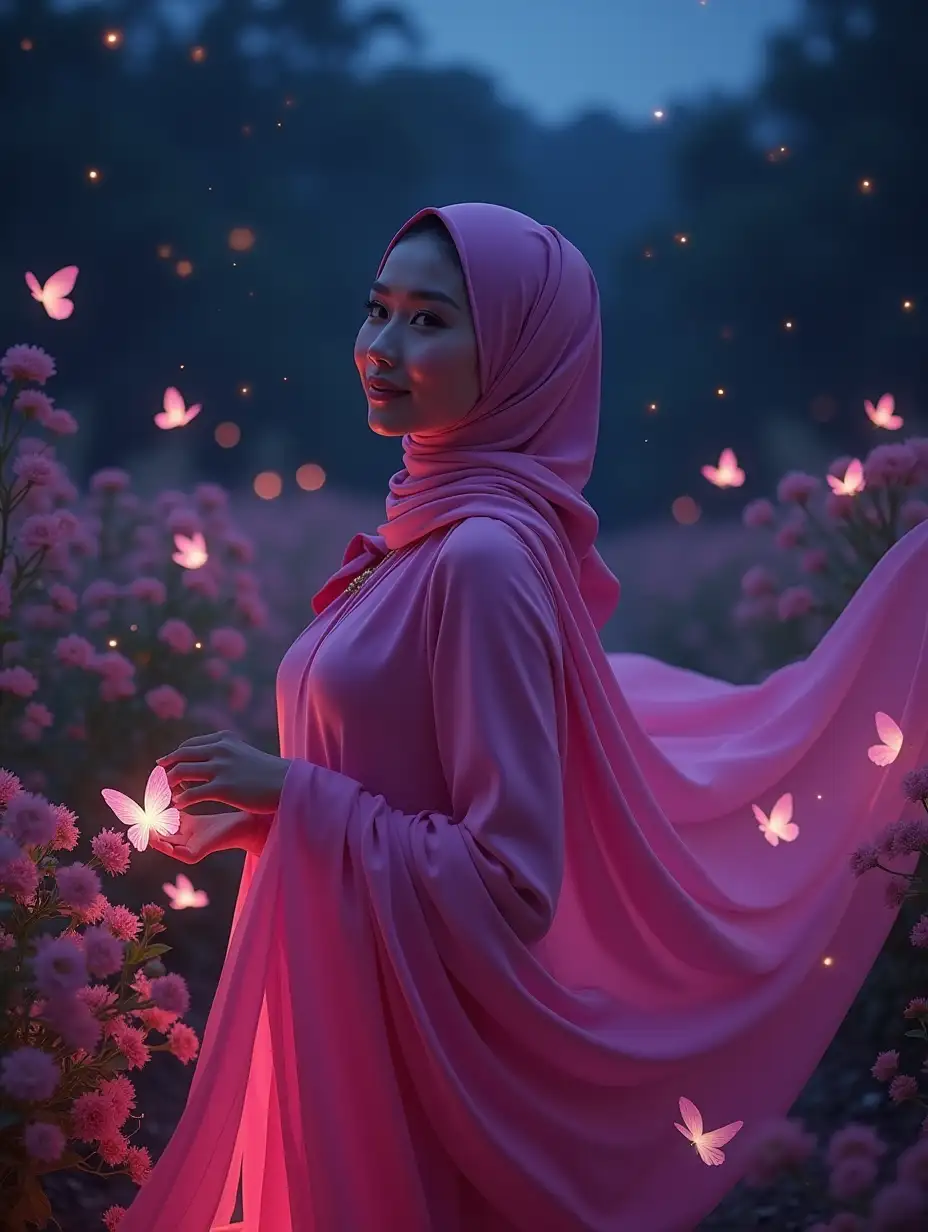 A stunning woman wearing a royal pink hijab and an elegant flowing sapphire gown, exuding grace and mystery. The silky fabric cascades beautifully, shimmering under the soft evening light. Her pose is poised yet enchanting—one hand gently extended, as if feeling the breeze, while the other rests gracefully near her chest. Her expression is serene and dreamy, with a gentle smile and eyes filled with wonder.nnThe background is a magical twilight garden, bathed in hues of pink and violet. Glowing flowers and soft bioluminescent plants illuminate the scene, casting an ethereal glow around her. Delicate butterflies with luminescent wings flutter around, their soft light adding a mystical touch. Some land gently on nearby flowers, while others dance in the air, creating a fairytale-like atmosphere. The sky is a blend of deep indigo and hints of golden twilight, with stars beginning to twinkle.