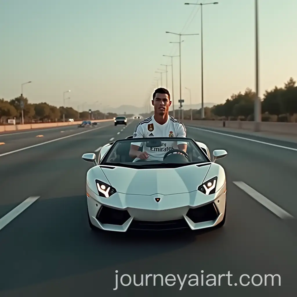 Cristiano-Ronaldo-in-Real-Madrid-Jersey-Driving-Mini-Lamborghini-on-Empty-Highway