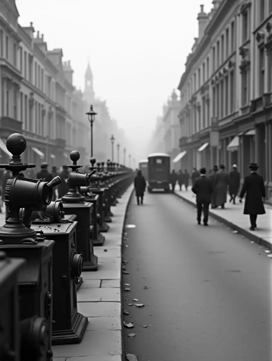 A black and white archival scene of early 20th century London streets, with vintage radio equipment and wireless transmitters in the foreground, evoking a historical, cinematic feel.