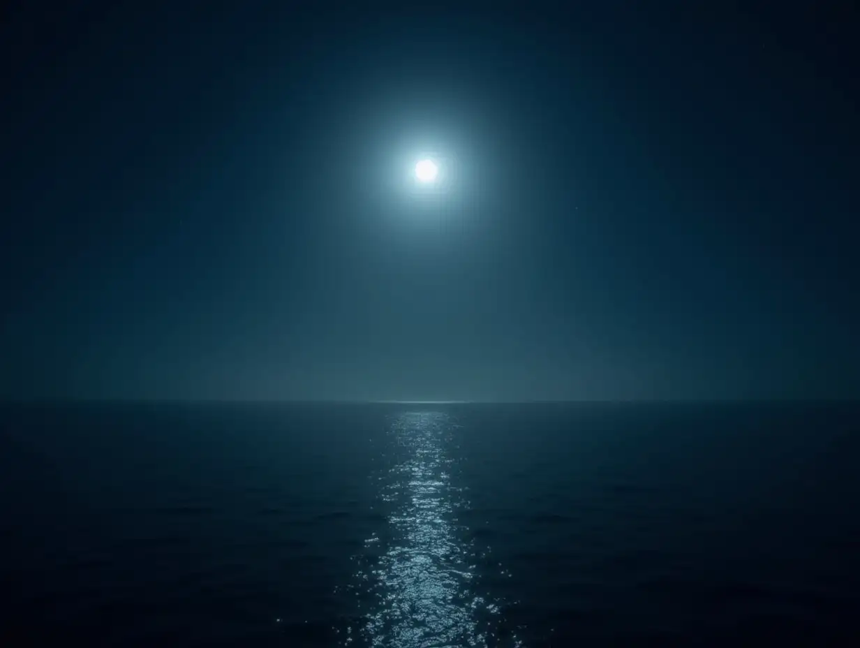 in the middle of calm ocean, no clouds, no sun,  no moon, no stars but only darkness