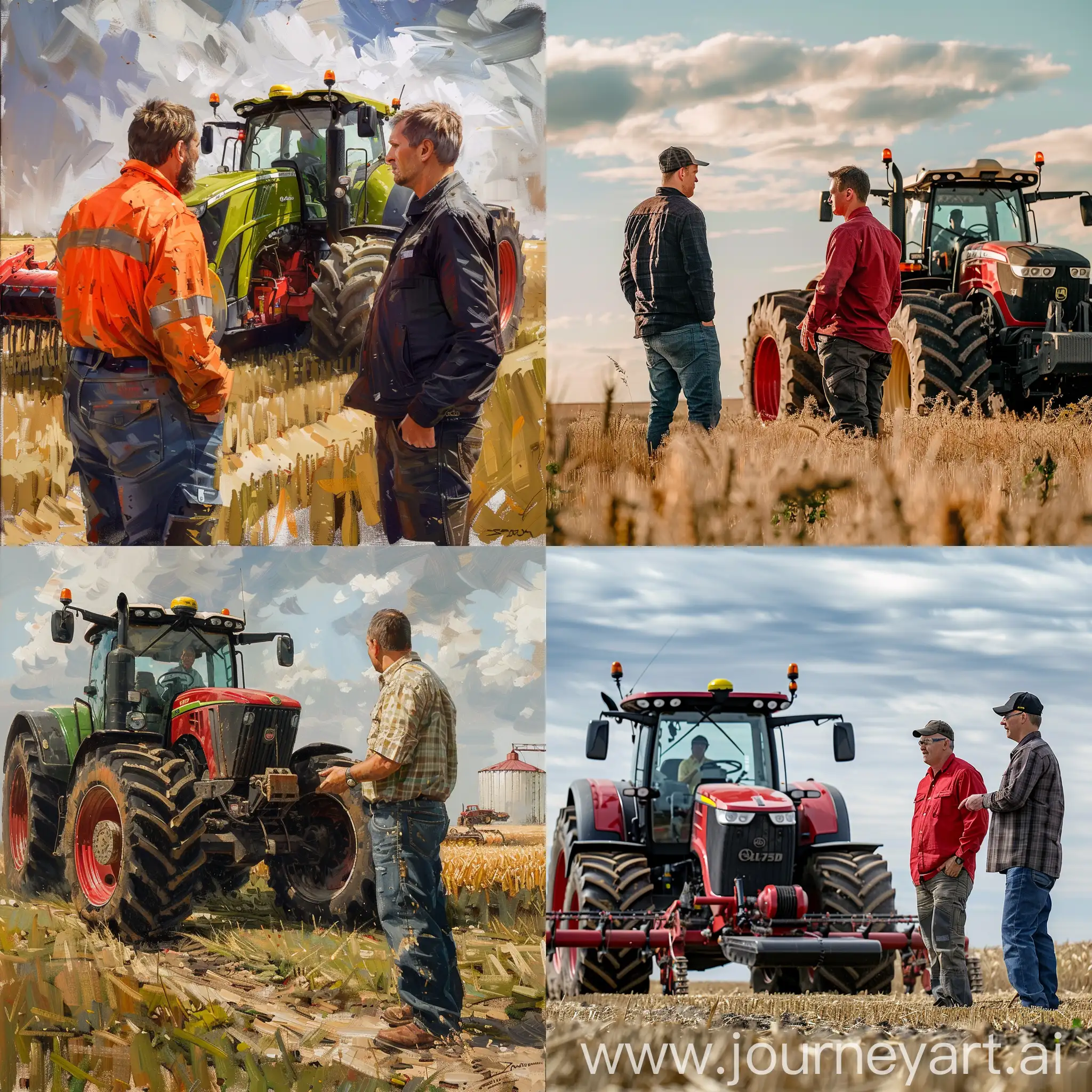 Machinery-Engineer-Discussing-Modern-Farming-with-1000HP-Tractor