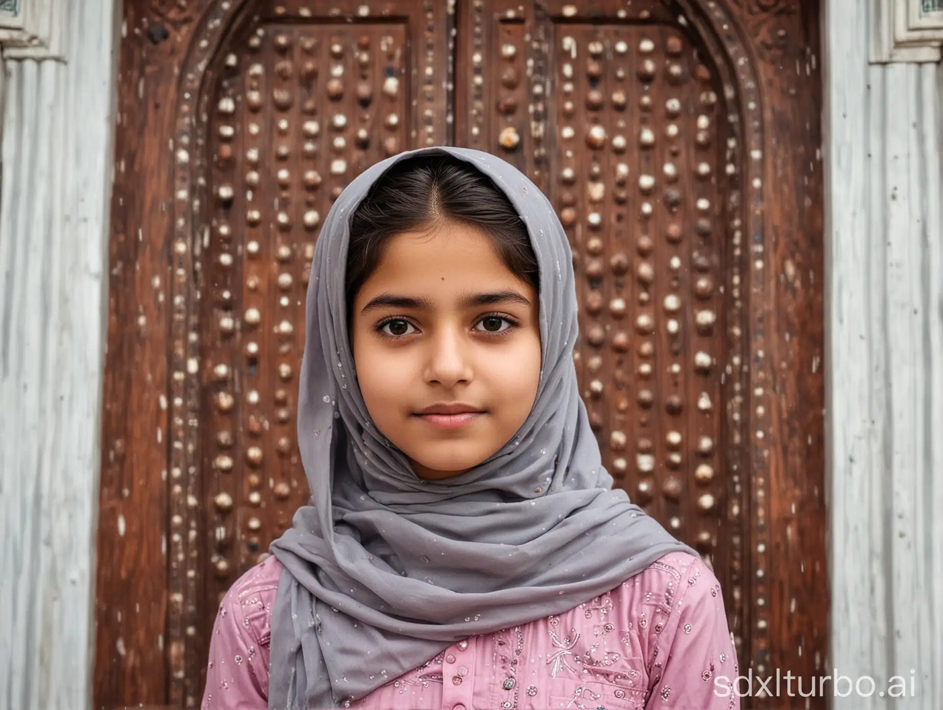 A sixteen year old sweet Pakistani girl is standing in front of the mosque door. Cloudy sky. Close up view