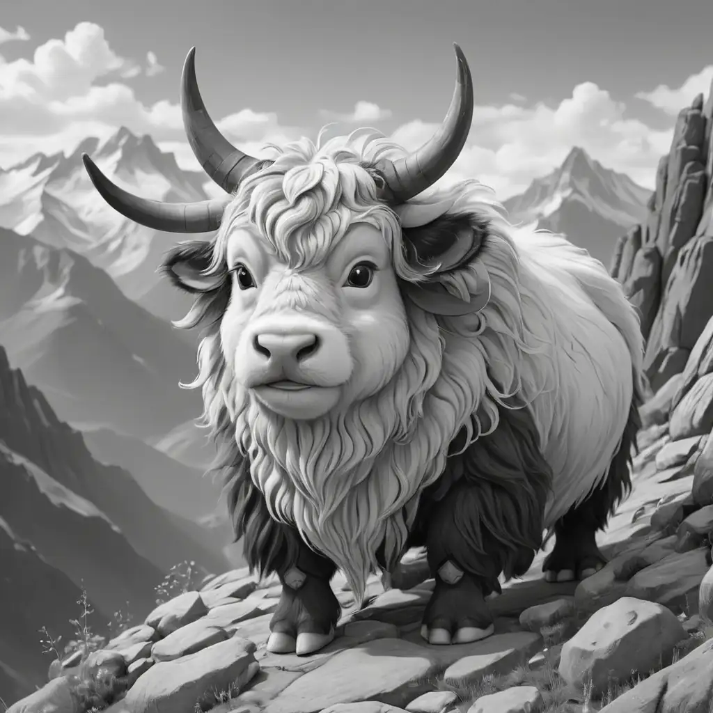 Whimsical Cute Yak Coloring Page on Mountain