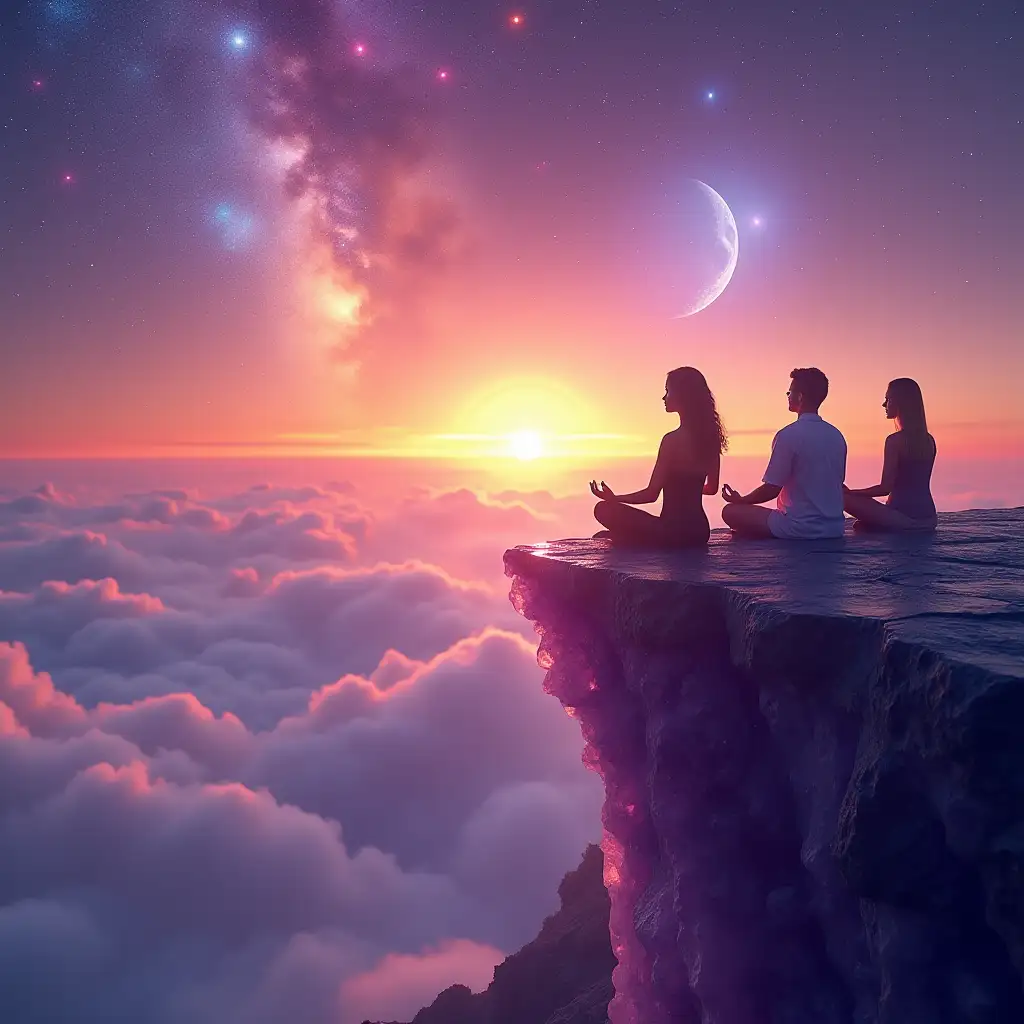 Guided Meditation Group on an Amethyst Cliff at Sunset