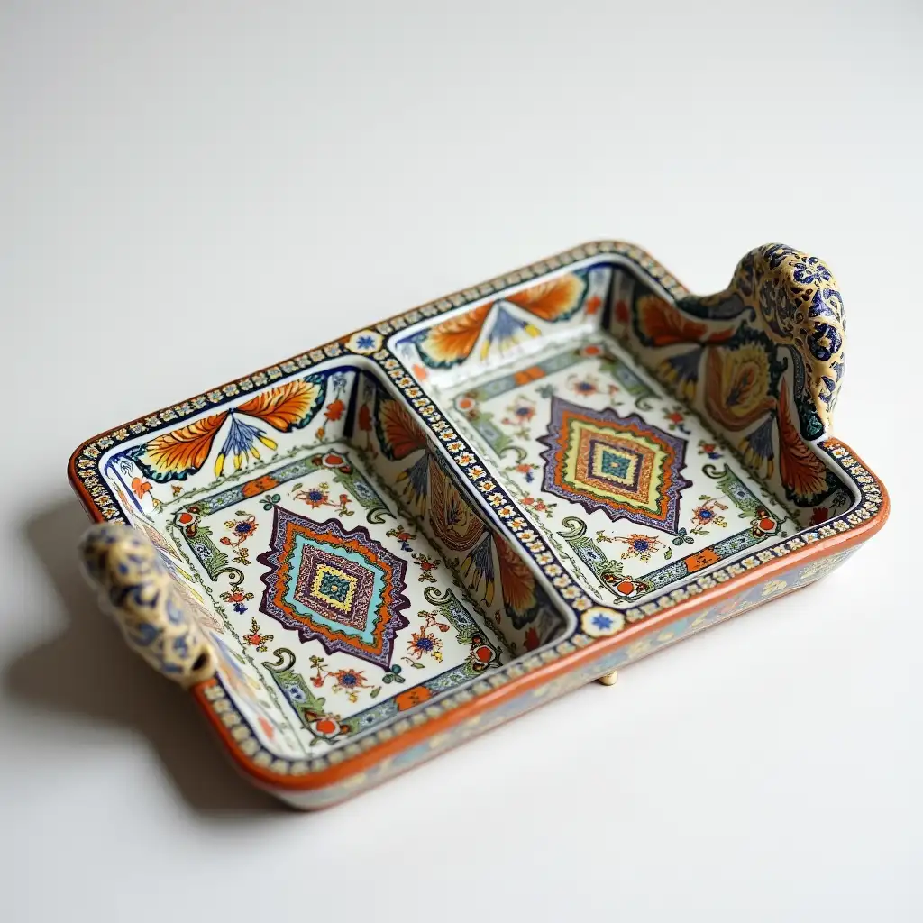 Two divided rectangle ceramic tray plate with embossed beautiful  ceramic handle, Underglaze painting on white body, Fine art, Hyper detailed, Antique and old, Qajar art, Iranian Tabriz carpet design