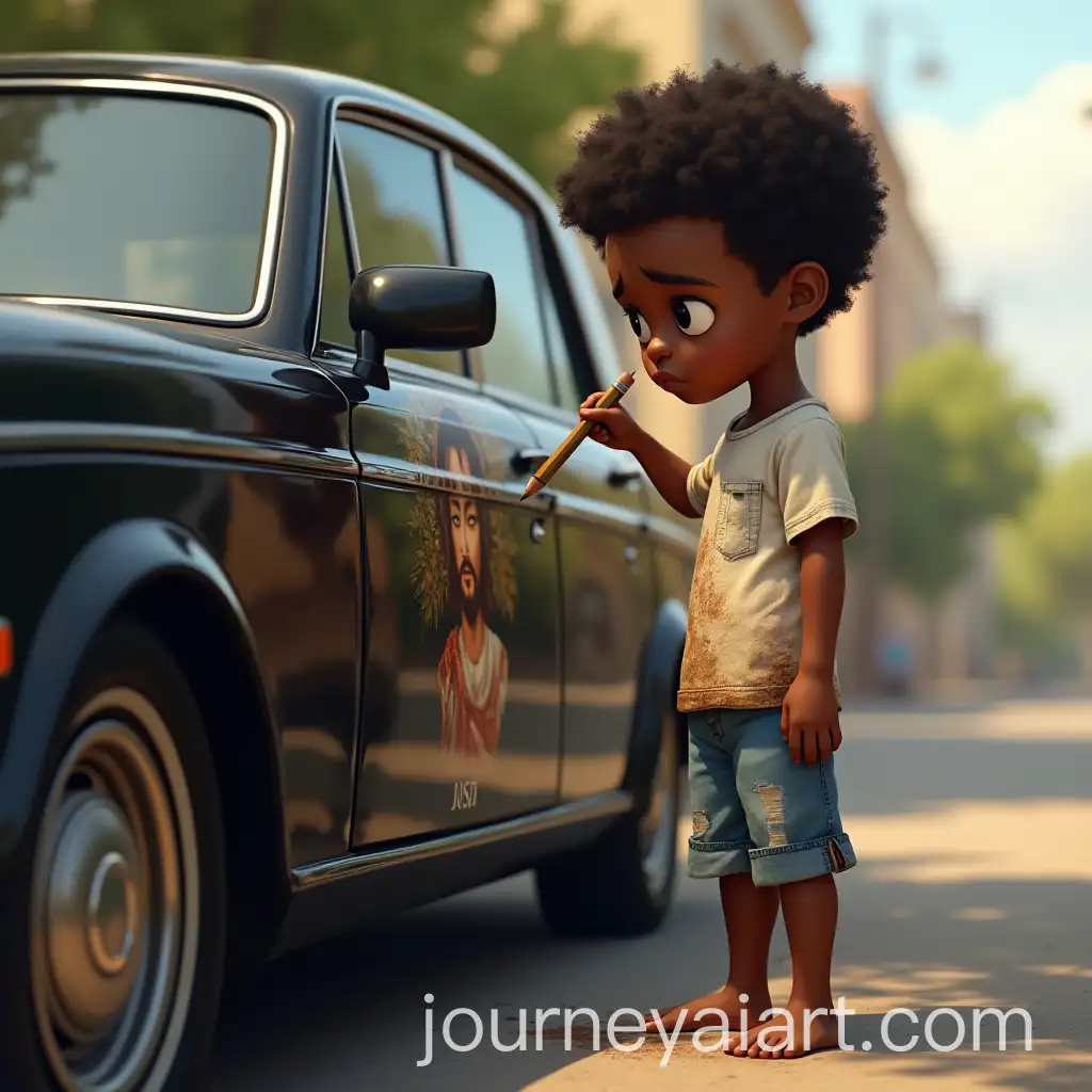 Sad-African-Boy-Drawing-Jesus-on-RollsRoyce-Door-in-EmotionalAI-Art-Prompt-Expansion-3D-Illustration