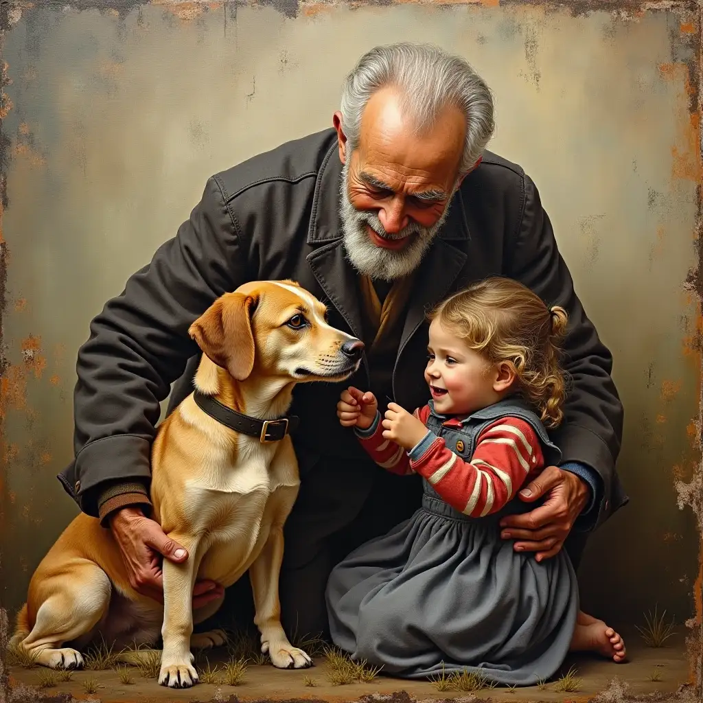 a high quality art piece of an old man and his grand daughter feeding his dog, impasto, deep thick brush strokes, heartwarming, traditional painting, vintage style, emotional connection, textured, aged, classic art, close relationship, bond between human and animal, love and care, elderly man, faithful companion, loyal pet, outdoor setting, realistic portrayal, aged man, canine friend, detailed artwork, expressive strokes, contrast between light and shadow