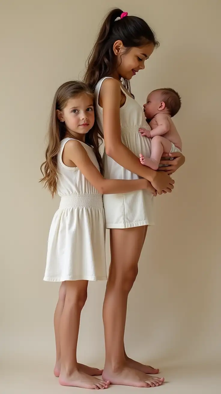 Teen-and-Little-Girl-with-Infant-in-Sundresses-Cradling-Pregnant-Belly