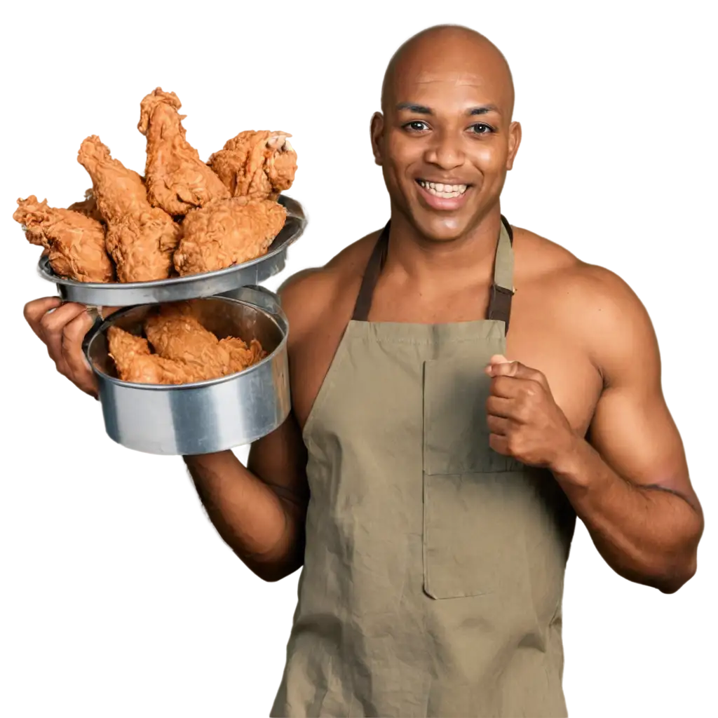 Bald-Black-African-Man-with-Fried-Chicken-and-Mud-House-PNG-Image-HighQuality-Visual-for-Diverse-Uses