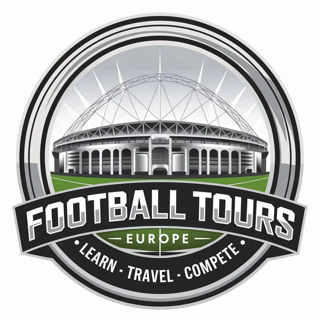 LOGO Design for Football Tours Europe Travel Circular Silver White Grey Black with Football Stadium and Training Pitch Theme