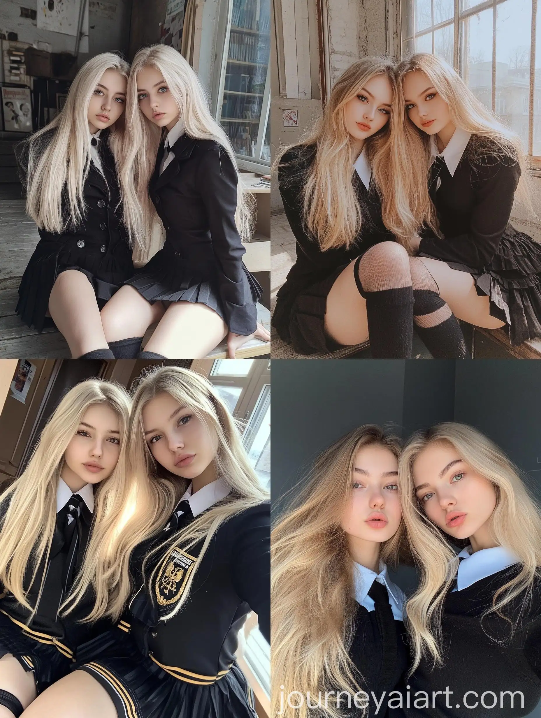 Two-Ukrainian-Women-in-School-Uniform-Taking-Natural-Selfie-with-iPhone