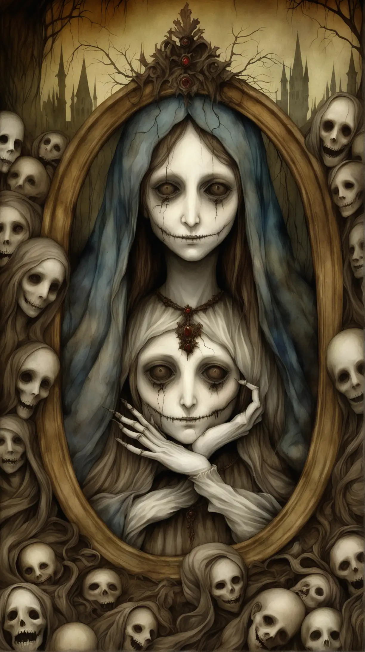 Creepy Renaissance Woman Portrait with Cadaverous Face in Brian Froud Style