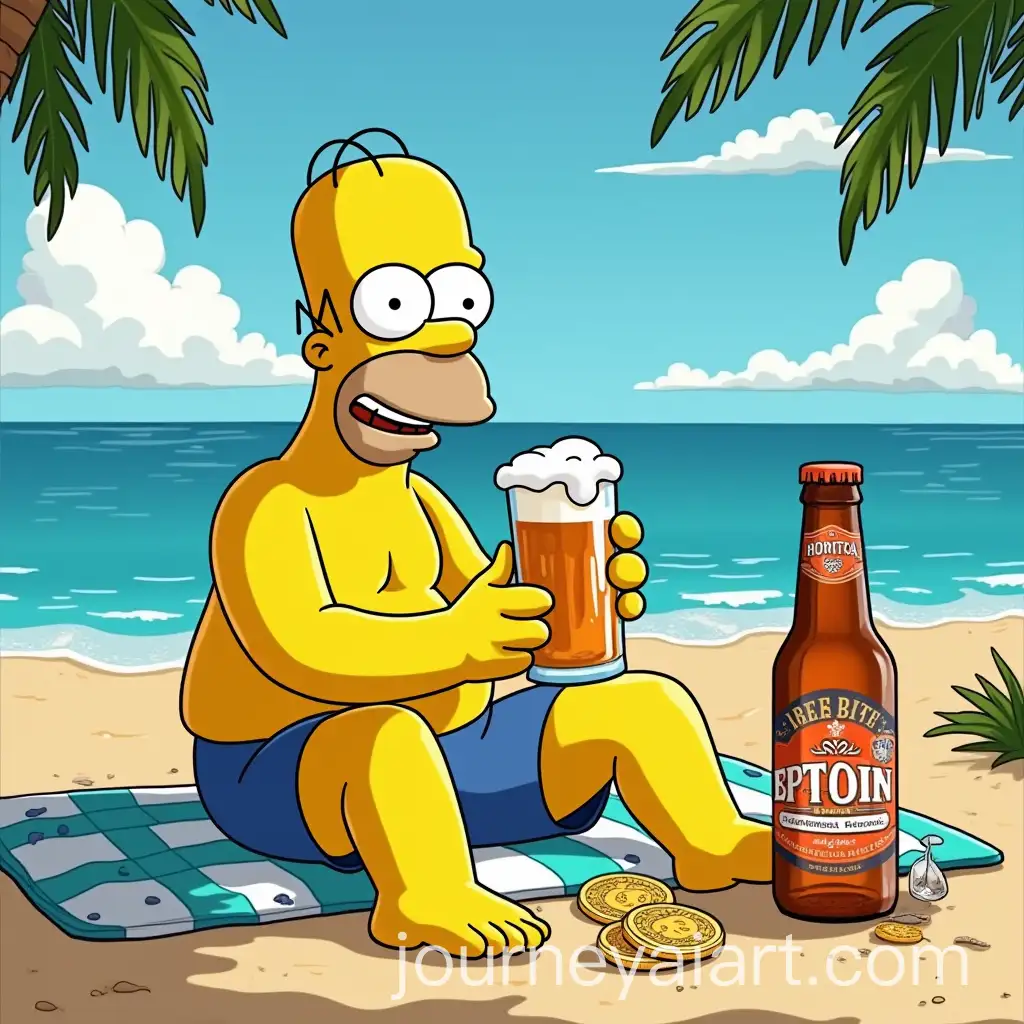 Homer-SimpsonAI-Image-Prompt-Expansion-Relaxing-at-the-Beach-with-Beer-and-Bitcoin