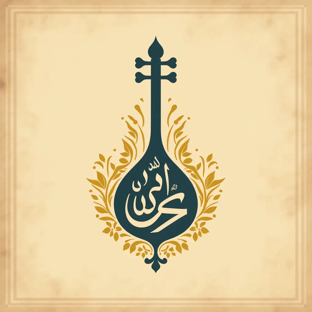 Create a minimalist yet elegant logo representing 'Echoes of the East | أصداء الشرق.' The design should incorporate an oud (ʿūd) or ney (nāy) silhouette with flowing Arabic calligraphy. Use warm desert-inspired tones like gold, deep blue, and earthy brown. The background should have a subtle texture reminiscent of ancient parchment or Middle Eastern tile patterns. The overall aesthetic should evoke a sense of tradition, serenity, and authenticity.