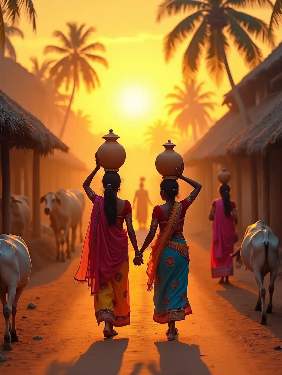 Gopis-Carrying-Earthen-Pots-at-Sunrise-in-Rural-Indian-Village