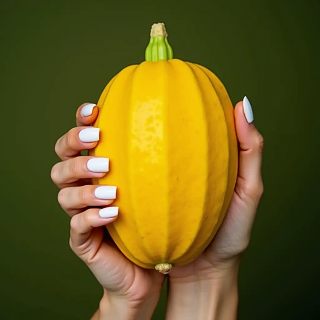 Beautiful female hand with white nails tightly grasping a huge yellow cucumber